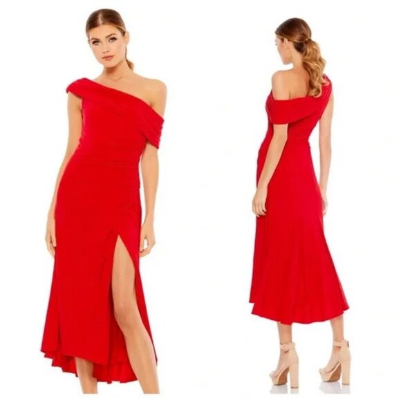 Ieena Mac Duggal Red Foldover Ruched One-Shoulder Chiffon Midi Dress - Picture 1 of 1